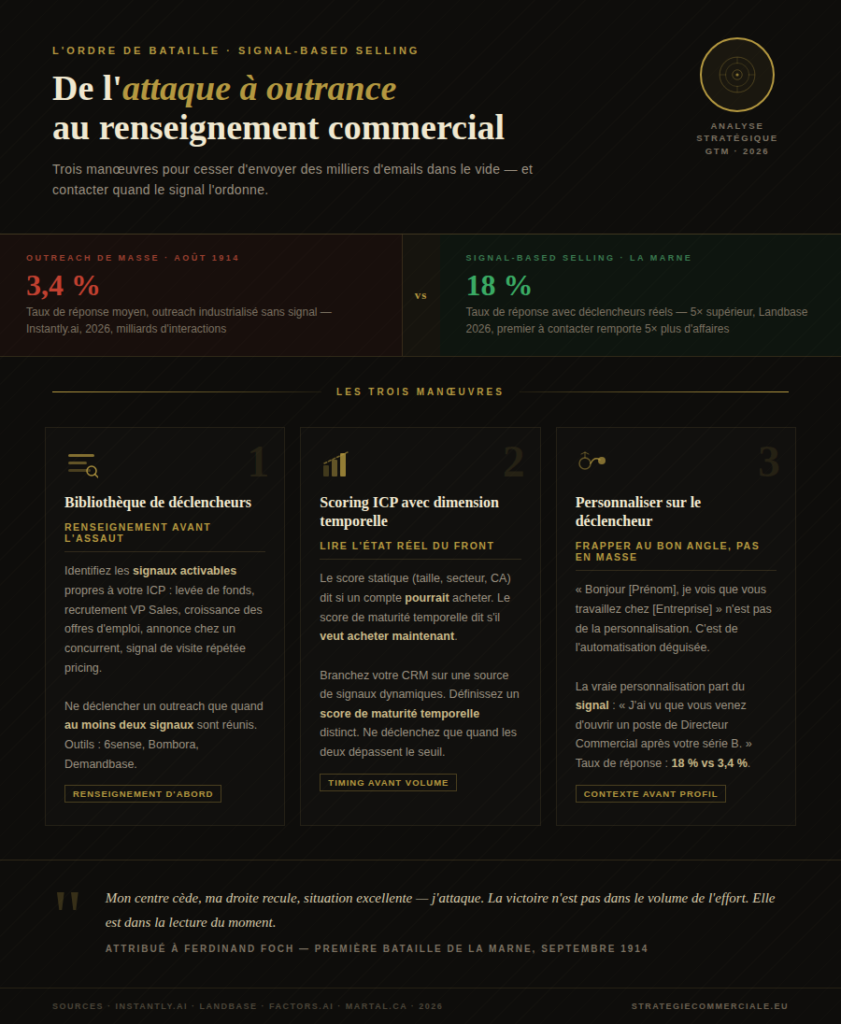 Infographie signal-based selling vs outreach de masse — comparaison des taux de réponse B2B 2026