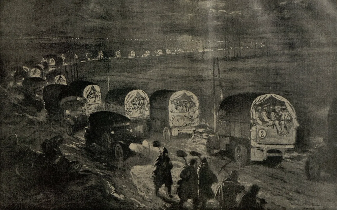 Convoi de camions de ravitaillement sur la Voie Sacrée pendant la bataille de Verdun en 1916